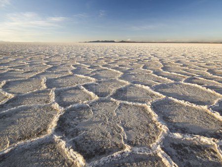 Téléchargez les photos : Panorama du coucher du soleil sur la saline d'Uyuni, Bolivie, lac salar, avec des cellules au sol - en image libre de droit