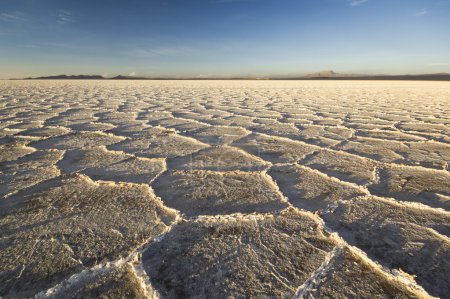 Téléchargez les photos : Panorama du coucher du soleil sur la saline d'Uyuni, Bolivie, lac salar, avec des cellules au sol - en image libre de droit