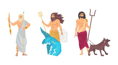 Antiguo dios griego. Dios griego del Olimpo seísmos marítimos Poseidón sosteniendo tridente en su mano. Hades, dios del inframundo de los muertos con perro de tres cabezas. Zeus sostiene relámpagos en las manos vector de dibujos animados