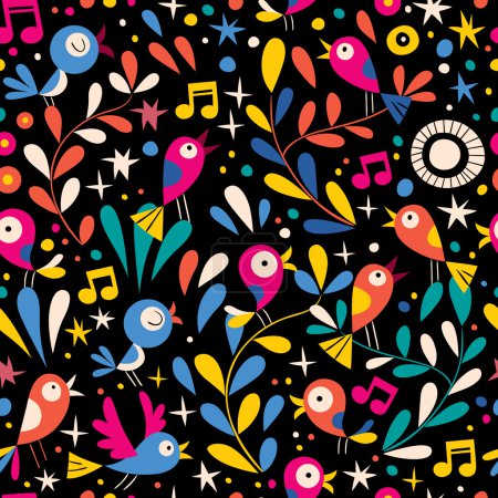 Illustration for Floral pattern with cartoon birds. Vector illustration - Royalty Free Image