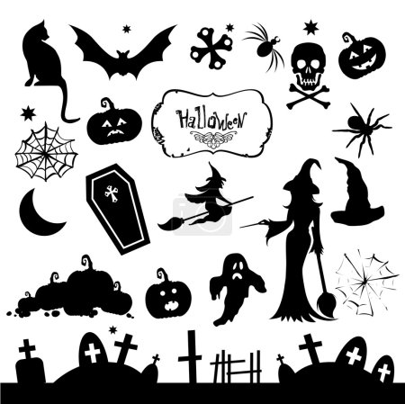 Illustration for Black and white vector illustration. Pak stencils to decorate for the holiday Halloween. - Royalty Free Image