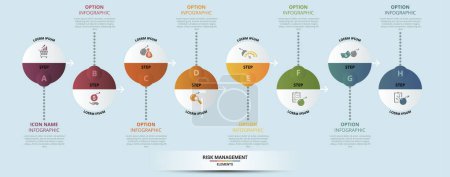 Ilustración de Plantilla infográfica de Gestión de Riesgos Vectoriales. Incluye Capital, Identificación, Nivel de Riesgo, Plan y otros. Iconos en diferentes colores. - Imagen libre de derechos
