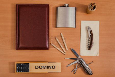 Photo for Various office personal things on a wooden background - Royalty Free Image