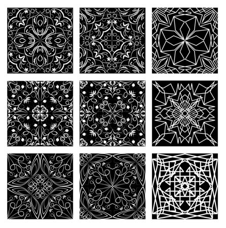 Ilustración de Conjunto de patrones de encaje de filigrana vintage monocromática, línea blanca sobre fondo negro, estilo art nouveau. Adorno geométrico simétrico repetible, colores editables fáciles en elementos de diseño - Imagen libre de derechos