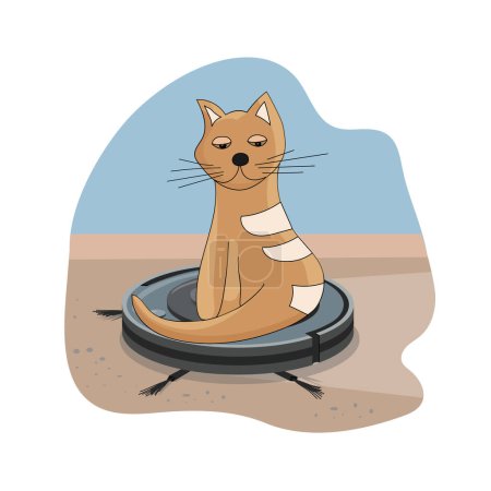 Ilustración de Aspiradora robot inteligente. Modernos electrodomésticos inteligentes para la limpieza del apartamento. Gato sentado en una aspiradora de trabajo, y montar en él. Limpieza y hogar y mascotas lindas favoritas. - Imagen libre de derechos