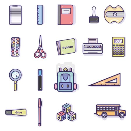 Ilustración de Conjunto de diferentes iconos de útiles escolares Vector - Imagen libre de derechos