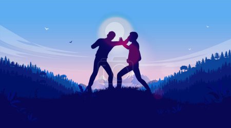 Illustration for Fist fight in sunlight - Two men fighting outdoors settling a rivalry in forest with sky and mountains in background. Conflict, confrontation and male anger concept. Vector illustration. - Royalty Free Image