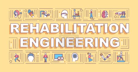 Ilustración de Rehabilitación ingeniería palabra conceptos banner. Soluciones a discapacidades. Infografías con iconos lineales sobre fondo amarillo. Tipografía aislada. Esquema vectorial Ilustración de color RGB - Imagen libre de derechos
