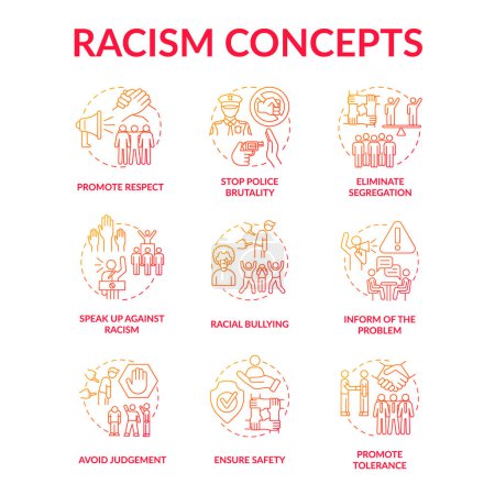 Ilustración de Conjunto de iconos de concepto de racismo. Lucha contra la discriminación racial y la intolerancia idea de líneas delgadas ilustraciones en color. Garantizar la seguridad. Promoción de tolerancia. Acoso étnico. Dibujos de contorno aislados vectoriales - Imagen libre de derechos