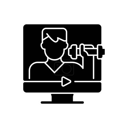 Ilustración de Entrenador de fitness en línea icono glifo negro. Clases de gimnasia. Soporte profesional a través de conexión a Internet. Manera conveniente de ahorrar tiempo y dinero. Símbolo de silueta en el espacio en blanco. Ilustración aislada vectorial - Imagen libre de derechos