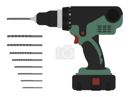 Ilustración de Taladro de mano inalámbrico eléctrico con brocas. Colores verde y rojo Ilustración vectorial Clip art aislado en blanco - Imagen libre de derechos