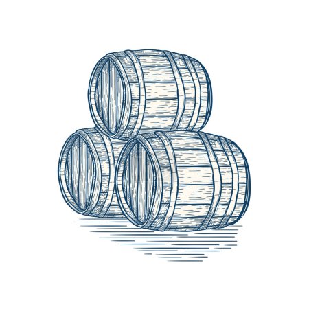 Hand drawn monochrome wooden barrels