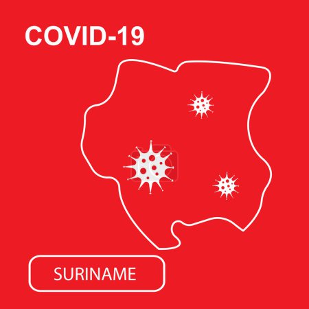 Ilustración de Mapa de Surinam con la etiqueta COVID-19. Mapa de contorno blanco sobre fondo rojo. Ilustración vectorial de un virus, coronavirus, epidemiología. - Imagen libre de derechos