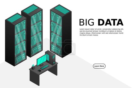 Ilustración de Alojamiento web y procesamiento de big data, rack de sala de servidores. Concepto de centro de datos isométrico. - Imagen libre de derechos