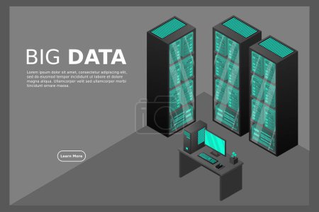 Ilustración de Alojamiento web y procesamiento de big data, rack de sala de servidores. Concepto de centro de datos isométrico. - Imagen libre de derechos