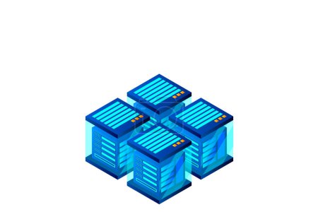 Ilustración de Centro de datos, sala de servidores. Concepto de almacenamiento en la nube, transferencia de datos y procesamiento de datos. - Imagen libre de derechos