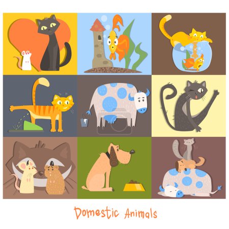 Ilustración de Mascotas lindas, gatos, perros y sus acciones y emociones. Set de Iluatración Vectorial - Imagen libre de derechos