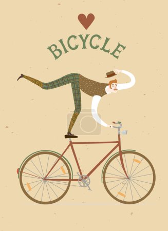 Téléchargez les photos : Homme élégant de style ville debout sur un vélo. Amour vélo titre vintage. Illustration cycliste de bande dessinée pour votre design
. - en image libre de droit