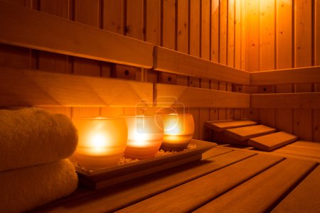 Photo for Interior of a wooden finnish sauna. - Royalty Free Image