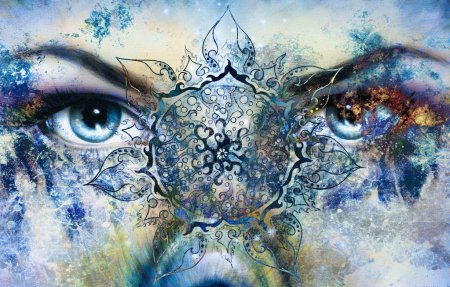 Blue goddess women eye, multicolor background with oriental mandala ornament. eye contact.