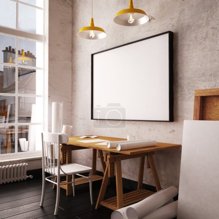 Photo for Desk in hipster style loft. Mockup interior with poster. 3d - Royalty Free Image