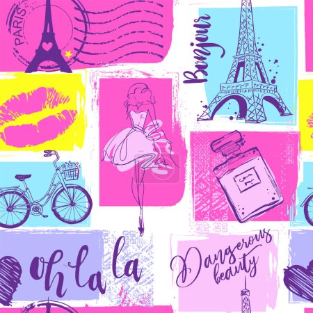 Ilustración de Patrón sin costuras de moda con fuentes caligráficas originales, boceto Torre Eiffel y labios. para ropa de moda, camiseta, niño, papel de regalo. Diseño creativo femenino . - Imagen libre de derechos