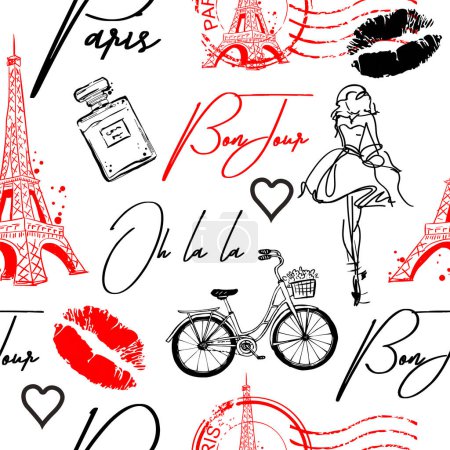 Ilustración de Patrón sin costuras de moda con fuentes caligráficas originales, boceto Torre Eiffel y labios. para ropa de moda, camiseta, niño, papel de regalo. Diseño creativo femenino . - Imagen libre de derechos