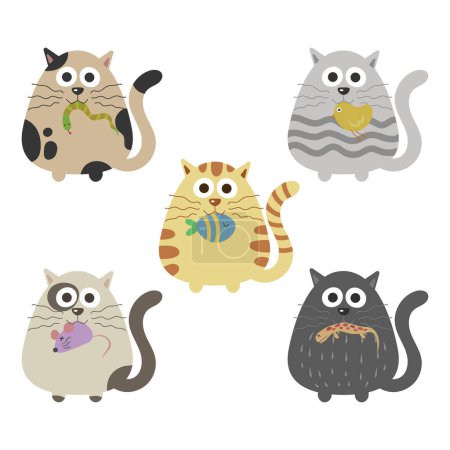 Ilustración vectorial de un conjunto de lindos gatos con diferentes presas en la boca