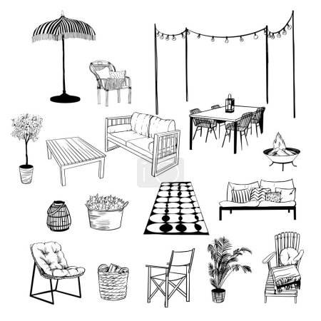 Vector set of patio scenario.Sketch illustration