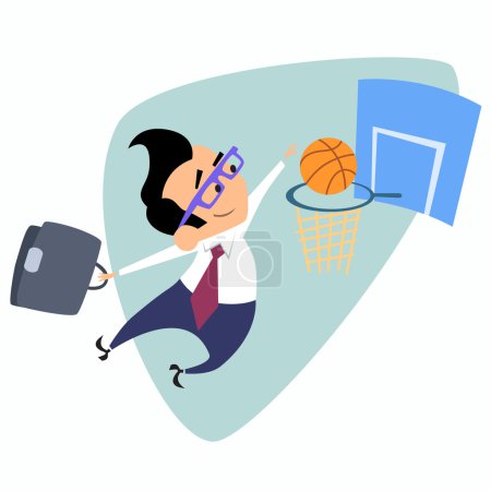 Téléchargez les illustrations : Un homme d'affaires jette un ballon de basket dans le panier. L'image de l'entreprise comme sport. Homme d'affaires dans des situations sportives - en licence libre de droit