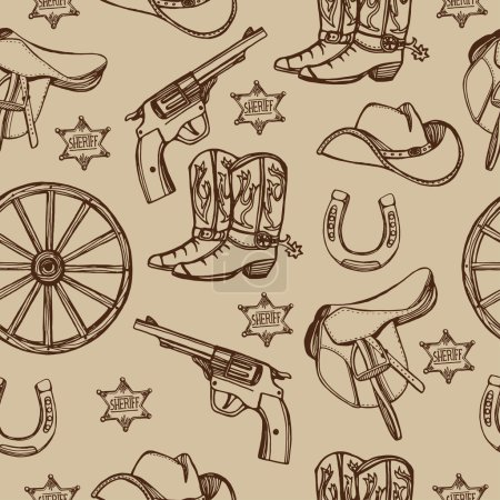 Illustrazione per Disegnato a mano Wild West modello senza soluzione di continuità occidentale. Cappelli da cowboy, stivali da cowboy, pistole, stelle dello sceriffo, ferro di cavallo
. - Immagini Royalty Free