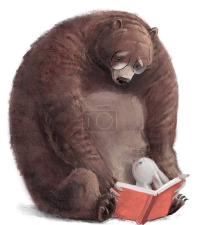 Foto de Oso marrón grande lee libro con liebre pequeña - Imagen libre de derechos