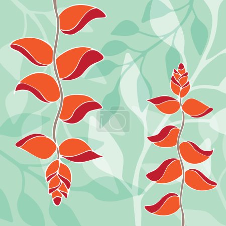 Illustration for Bird of paradise pattern illustration orange color on pastel green color - Royalty Free Image