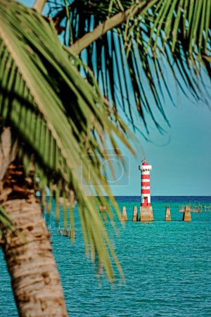 Lighthouse, palm trees and turquoise water from the beach in Maceio, Brazil