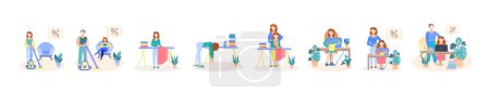 Illustration for Housework. Help your mother. Father and daughter help mother with cleaning, Ironing, sewing. Father does homework with his daughter.Amicable family. Vector set of illustrations in flat style isolated. - Royalty Free Image