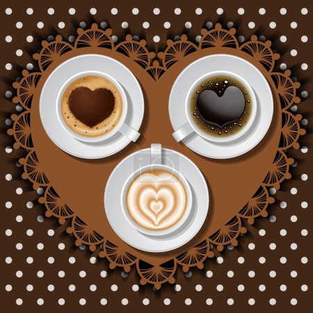 Illustration for Cups of heart in coffee on polka dot pattern - Royalty Free Image