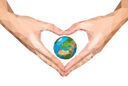 Illustration for Polygonal hands folded heart isolated Earth in Europe - Royalty Free Image