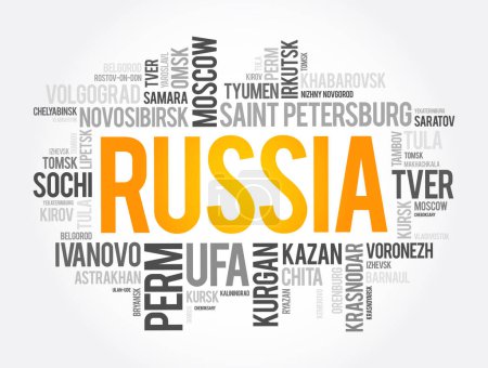 Lista de ciudades y pueblos en Rusia, palabra nube collage, business and travel concept background