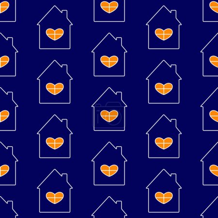 Illustration for Seamless pattern white contoured navy house with roof and chimney on it, big window with white frame in the shape of heart and orange light in it isolated on navy background. New house concept - Royalty Free Image