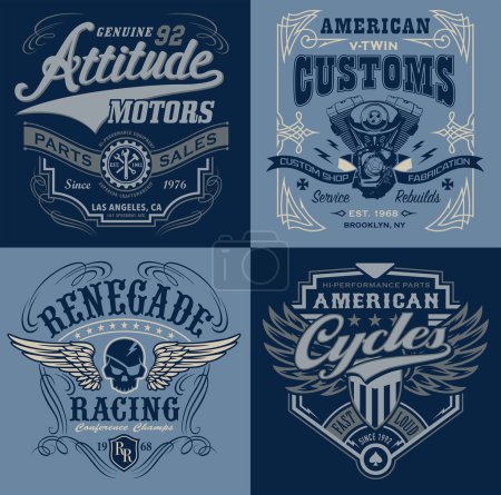 Vintage motorsport emblem t-shirt graphic set