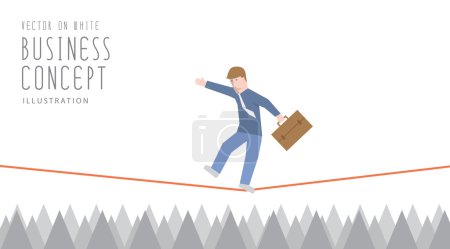 Illustration for Illustration vector businessman in equilibrium on a rope over sharp thorns flat style. - Royalty Free Image