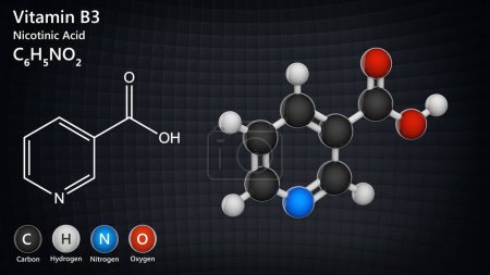 Vitamina B3 (nicotinamida). También conocido como ácido nicotínico. Ilustración 3D. Modelo de estructura química: Bola y Palo.