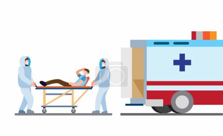 Ilustración de Trabajador paramédico usa traje de protección completa contra el brote de virus que lleva al paciente al hospital, servicio de ambulancia en vector de ilustración plana de dibujos animados - Imagen libre de derechos