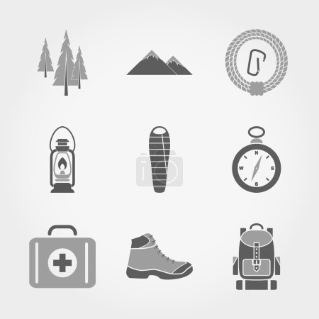 Ilustración de Conjunto de icono web gris Camping de montaña. Ilustración vectorial sobre fondo blanco. Estilo de diseño plano - Imagen libre de derechos