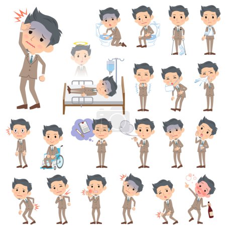 Illustration for Set of various poses of Beige suit short hair beard man About the sickness - Royalty Free Image