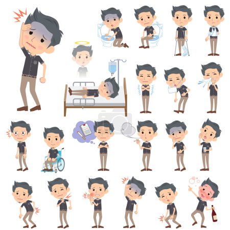 Illustration for Set of various poses of Black short sleeved shirt Short beard man About the sickness - Royalty Free Image