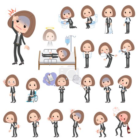 Illustration for Set of various poses of Black jacket pants business woman About the sickness - Royalty Free Image