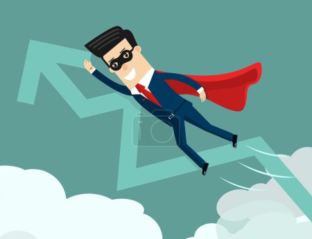 Ilustración de Tendencia alcista. Super hombre de negocios con gráfico de crecimiento. Concepto de negocio ilustración vector de dibujos animados
. - Imagen libre de derechos
