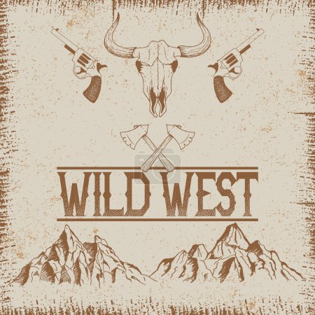 Illustration for Western vintage poster with skull of bull and mountains.Typography design for t-shirts - Royalty Free Image