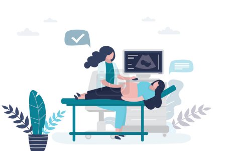 El médico le hace una ecografía a una mujer embarazada. Examen clínico, concepto de atención prenatal. Personajes femeninos en estilo de moda. Ilustración vectorial